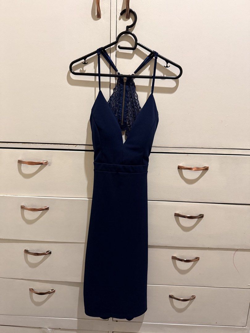 Navy Blue Dress (Category: Evening dresses & gowns) located in Quezon City. Submitted by abitabovefivefeet (Listing ID 1468550474, Image 3). Description: Navy Blue Lace Back Midi Dress – Size S but altered to fit XS Elegant navy blue midi dress with a flattering V-neckline, thin shoulder straps, fitted waist, and a beautiful lace back detail with gold-tone zipper. Features an open-back design with a draped detail for a sophisticated, feminine loo