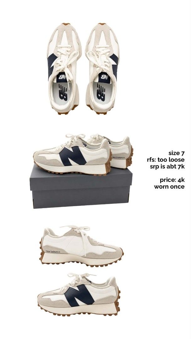New Balance 327 Moonbeam (Category: Sneakers) located in Marikina City. Submitted by jemalynpdc77 (Listing ID 1468590589, Image 1). Description: - Brand: New Balance 327 - Colorway: Sea Salt and Navy - Size: US 7 - Condition: Worn once, practically brand new - Inclusion: Original box included - Reason for selling: Too loose - Flawless and super clean pair - Bought in Eastwood Mall.