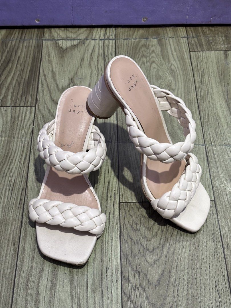 New Day White Braided Block Heels 🤍 (Category: Heels) located in Manila. Submitted by nutonewhalo (Listing ID 1468670868, Image 1). Description: Selling my pre-loved New Day white braided sandals! A timeless, minimalist style that pairs beautifully with dresses, trousers, and casual or semi-formal outfits. Details: Brand: New Day Color: White / off-white Style: Braided double-strap sandals Toe shape: Square toe Heel: Block heel Size: 6½ (as mark