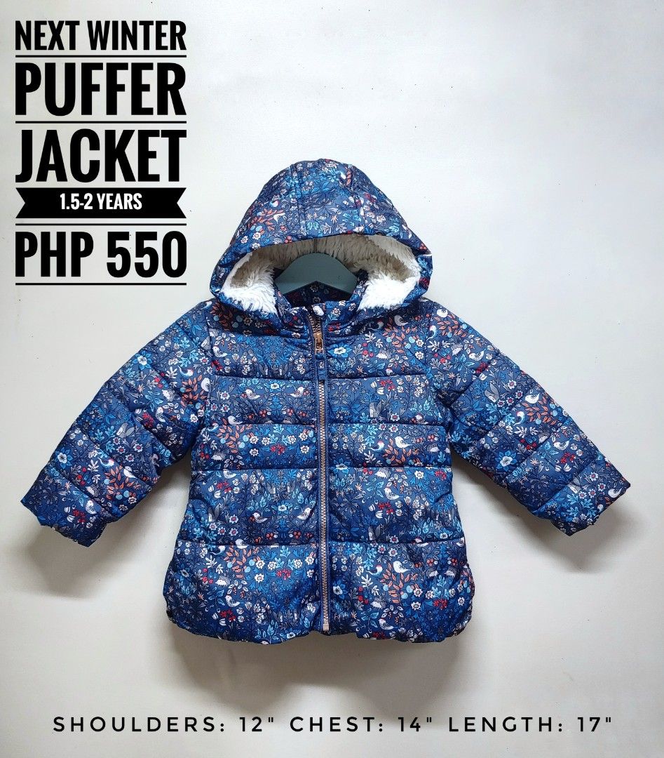 Next Winter Puffer Jacket 1.5-2 Years Floral Blue (Category: Babies & Kids Fashion) located in Dagupan City. Submitted by upforgrabs2400 (Listing ID 1468643986, Image 1). Description: - Brand: Next - Size: 1.5 - 2 years (Height 92cm) - Measurements: Shoulders 12", Chest 14", Length 17" - Design: Blue floral pattern with cute little birds and foliage - Lining: Warm white faux fur inside the hood and soft blue fleece through the body - Closure: Ful