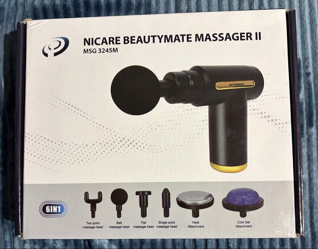 Nicare Beautymate Massager II MSG 3245M (Category: Massage Devices) located in Binan City. Submitted by lhylfindz (Listing ID 1468654012, Image 3). Description: - Brand: Nicare Beautymate Massager II - Model: MSG 3245M - Complete 6-in-1 set with multiple attachments: two point, ball, flat, single point, heat, and cold gel - USB rechargeable (cable included) - Comes with original box, user manual, and blank warranty registration card - Excellent f