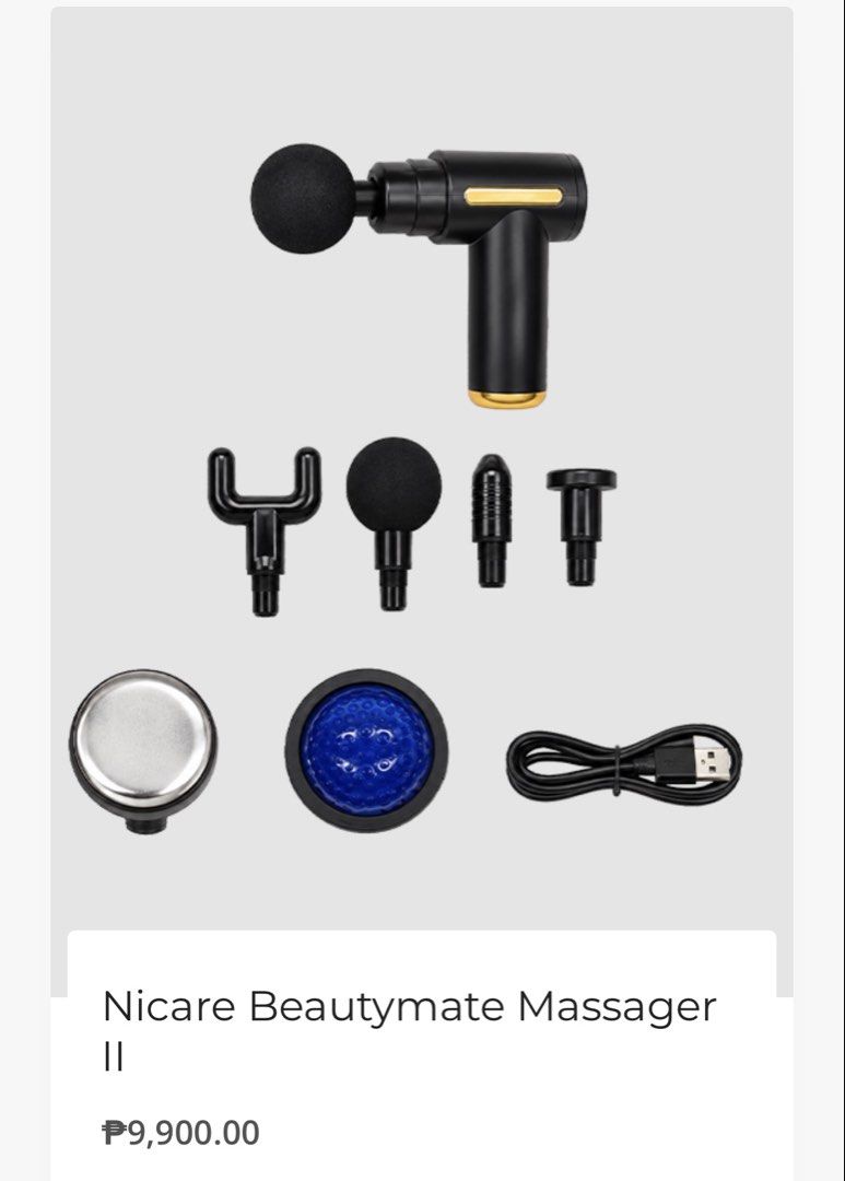 Nicare Beautymate Massager II MSG 3245M (Category: Massage Devices) located in Binan City. Submitted by lhylfindz (Listing ID 1468654012, Image 2). Description: - Brand: Nicare Beautymate Massager II - Model: MSG 3245M - Complete 6-in-1 set with multiple attachments: two point, ball, flat, single point, heat, and cold gel - USB rechargeable (cable included) - Comes with original box, user manual, and blank warranty registration card - Excellent f