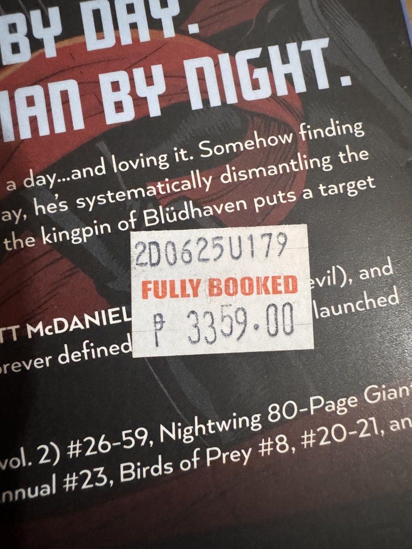 Nightwing: A Knight in Blüdhaven Compendium Two DC Comics Comic Book (Category: Comics & Manga) located in Pasig City. Submitted by acffashion31 (Listing ID 1468504755, Image 3). Description: - Title: Nightwing: A Knight in Blüdhaven Compendium Two - Publisher: DC Comics - Contents: Collects Nightwing volume 2 issues #26-59, plus various giant and annual issues - Format: Paperback - Condition: Clean pages with minimal wear (Original Fully Booked 