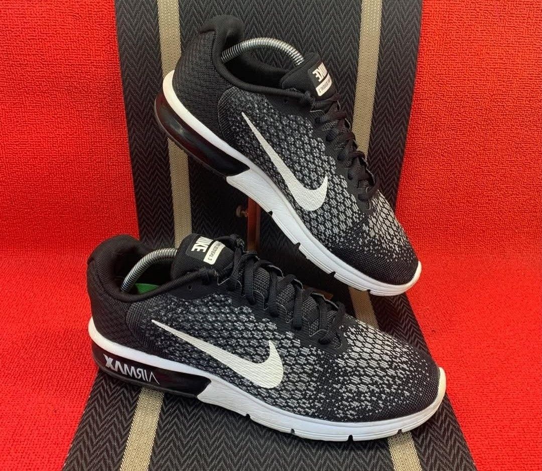 Nike Air Max Sequent 2 Black Grey US 10.5 (Category: Shoe inserts & accessories) located in Quezon City. Submitted by vbhacemnz (Listing ID 1467733516, Image 1). Description: - Brand/Model: Nike Air Max Sequent 2 - Colorway: Black and cool grey mesh upper with white swoosh and neon green insoles - Size: US 10.5 | UK 9.5 | EUR 44.5 | 28.5 cm - Condition: Outsoles show minimal dirt, tread is mostly intact - Features: Visible air cushioning in the h