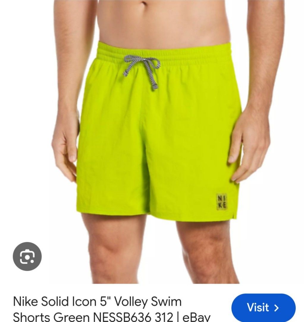Nike Solid Icon 5" Volley Swim Shorts Green Medium (Category: Swim Trunks & Board Shorts) located in Plaridel. Submitted by igieperez147282 (Listing ID 1468659864, Image 2). Description: - Brand: Nike - Item: Volley Swim Shorts - Color: Bright Lime Green - Size: Medium (Waist fits approx. 28"-34", Length: 16") - Material: 100% Polyester (Made in Indonesia) - Features: Elastic waist, adjustable patterned drawstring, built-in mesh lining, and small