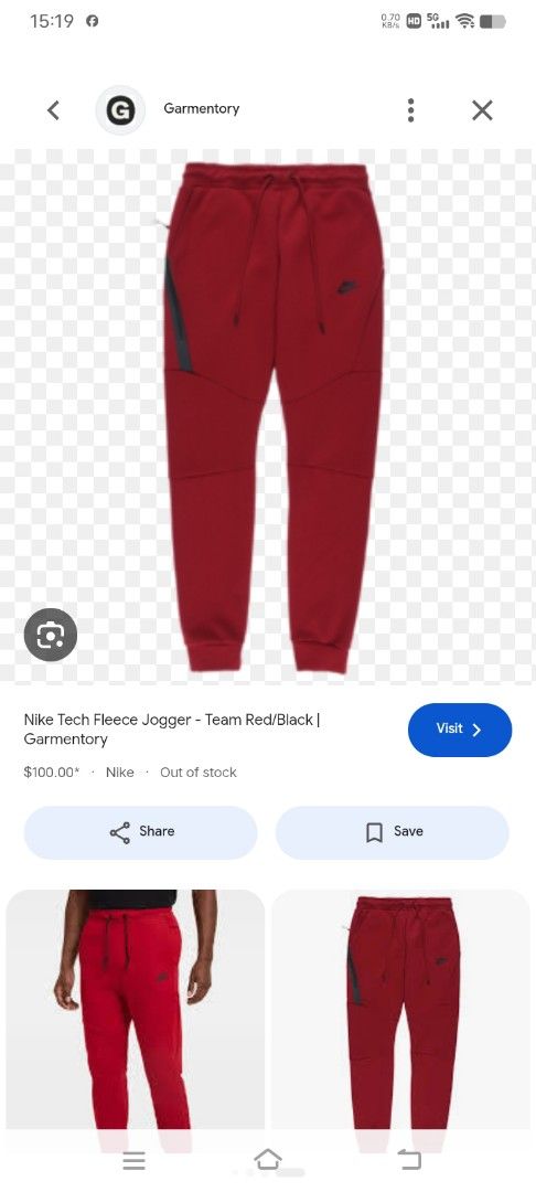 Nike Tech Fleece Jogger Team Red Black (Category: Joggers) located in Tanay. Submitted by jrgoods (Listing ID 1468520770, Image 2). Description: Nlke tech fleece Medium Waistline 30-32 Length 38 Good as new condition 1499+ship Tanay Rizal location Shipping Nationwide - Color: Team Red with black accents - Signature bonded zip pocket on the right leg - Elastic drawstring waistband for an adjustable fit - Ribbed ankle cuffs for a classic tapered lo