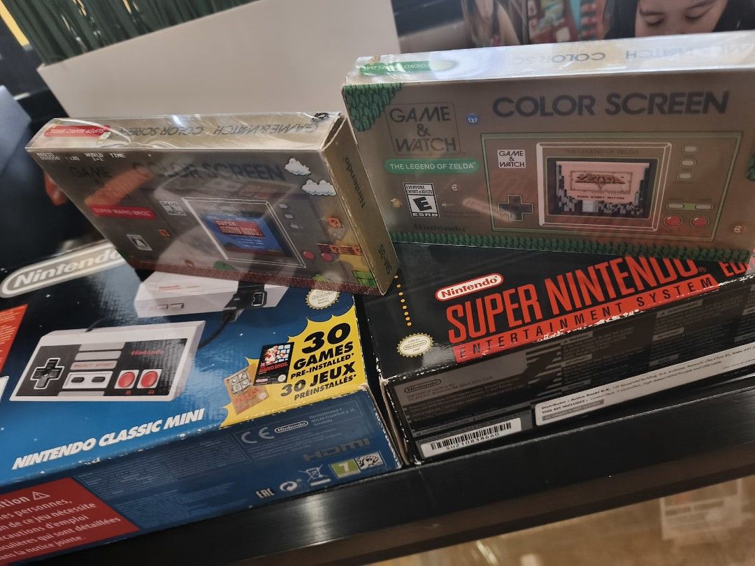 Nintendo Classic Mini NES, SNES and Game & Watch Bundle (Category: Nintendo) located in Manila. Submitted by jose.prats (Listing ID 1468541749, Image 2). Description: - Never been used - Ultimate retro gaming bundle for fans and collectors - Includes Nintendo Classic Mini NES (30 pre-installed games) - Includes Super Nintendo Entertainment System (SNES) Classic Edition - Includes Super Mario Bros. and The Legend of Zelda color screen Game & Watch