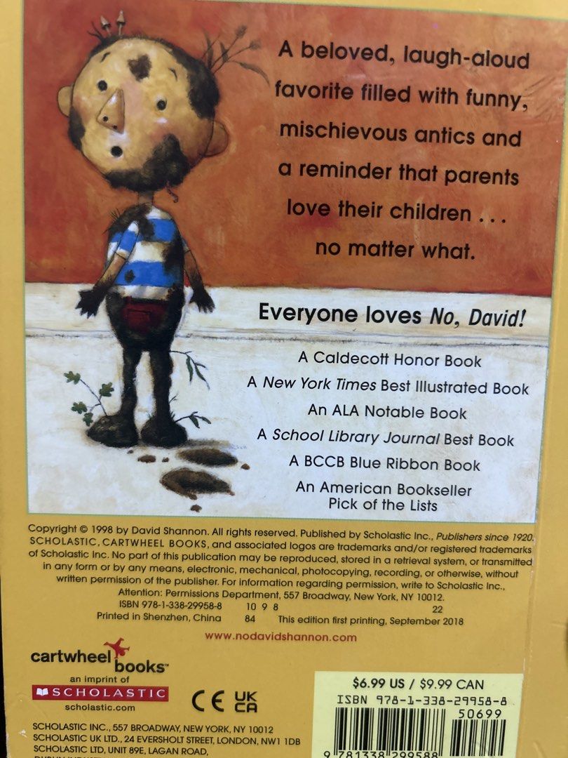 No, David! by David Shannon (Category: Children's Books) located in Manila. Submitted by newstorm_53e0c4 (Listing ID 1468626833, Image 3). Description: - Title: No, David! by David Shannon - Format: Paperback edition (2018, Scholastic Cartwheel Books) - ISBN: 978-1-338-29958-8 - Accolades: Caldecott Honor Book winner - Highlights: Follows a mischievous little boy in a fun read-aloud story perfect for young children.