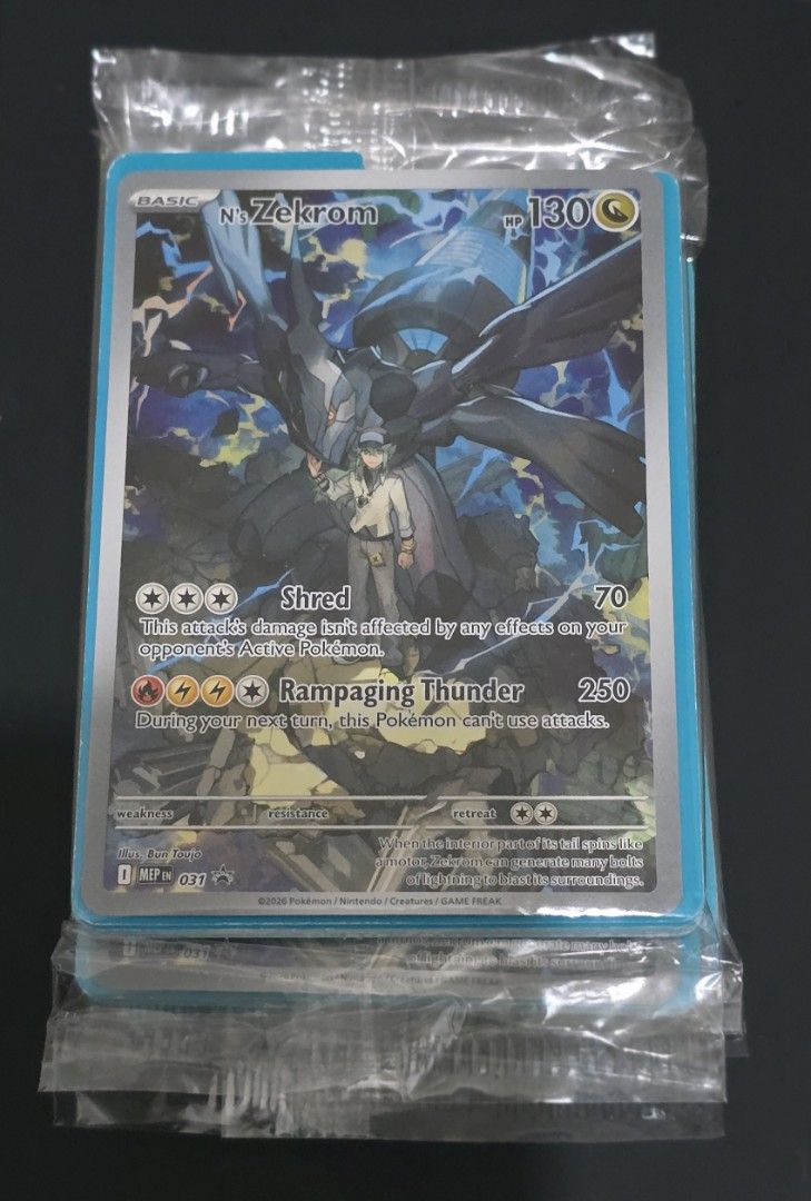 N's Zekrom Sealed Promo Pokemon Card (Category: Raw Singles) located in Quezon City. Submitted by hirayagaming (Listing ID 1468711966, Image 1). Description: Selling extra sealed N's Zekrom Promo. 750 each. Have 5. All clean. Can meetup/lalamove/grab/LBC. Thank you! Location: QC/Valenzuela..