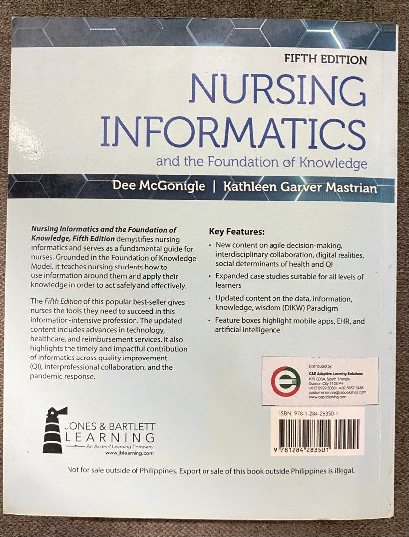 Nursing Informatics and the Foundation of Knowledge 5th Edition (Category: Textbooks) located in Rizal. Submitted by akyrei (Listing ID 1468607828, Image 3). Description: Used only once ! No dents and missing pages With minimal highlights (DM for photos) Bought in C&E Bookstore Original Price: ₱1,156.50 Selling Price: ₱900, Last Price: ₱800 No receipt Feel free to DM for inquiries and photos.