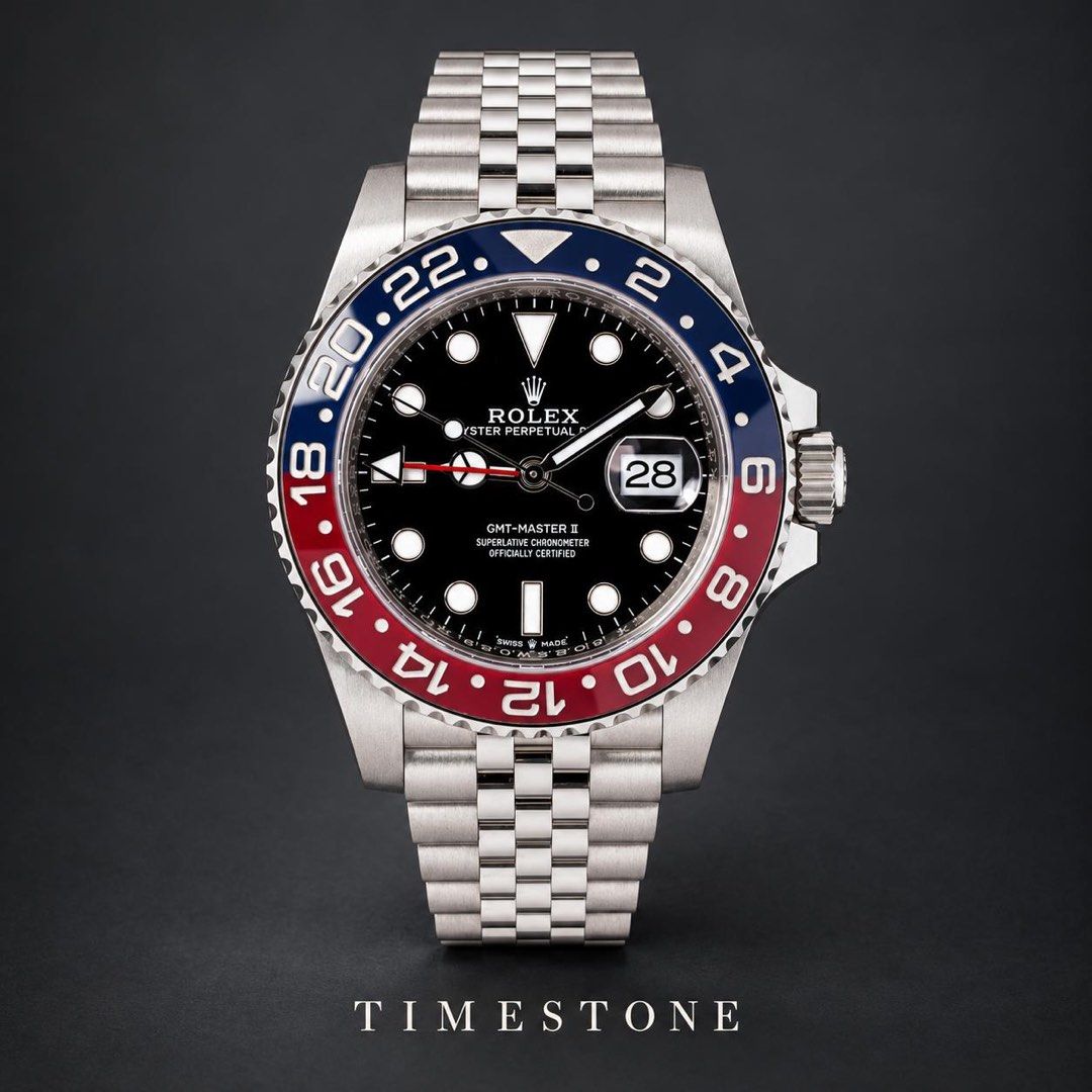 Oct 2022 Rolex GMT-Master II “Pepsi” · Jubilee · 40mm 126710BLRO (Category: Watches) located in Singapore. Submitted by watchdistrict (Listing ID 1468550286, Image 1). Description: TIMESTONE | NEW ARRIVAL Rolex GMT-Master II “Pepsi” · Jubilee · 40mm The distinctive red and blue bezel pairs with a crisp black dial and Jubilee bracelet, balancing a sporty presence with an elegant finish. Price: SGD $28,880 Reference: 126710BLRO Dial: Black Bezel: R