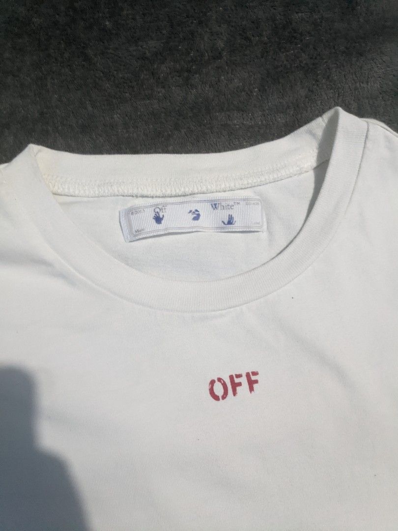 Off-White Spray Marker White T-Shirt (Category: Luxury Apparel) located in San Ildefonso. Submitted by tripniberto (Listing ID 1468673189, Image 3). Description: Off White Dimes:22/28 Issue: Need wash Color Rate: 9/10(or better) (lighting may affect the color on images) MOP: gcash MOD: j&t(+sf) NO RUSH SHIPPING!!! (3-5days Ship out!) please manage your expectations this is ukay items PM if interested 📩 Bulacan 📍.