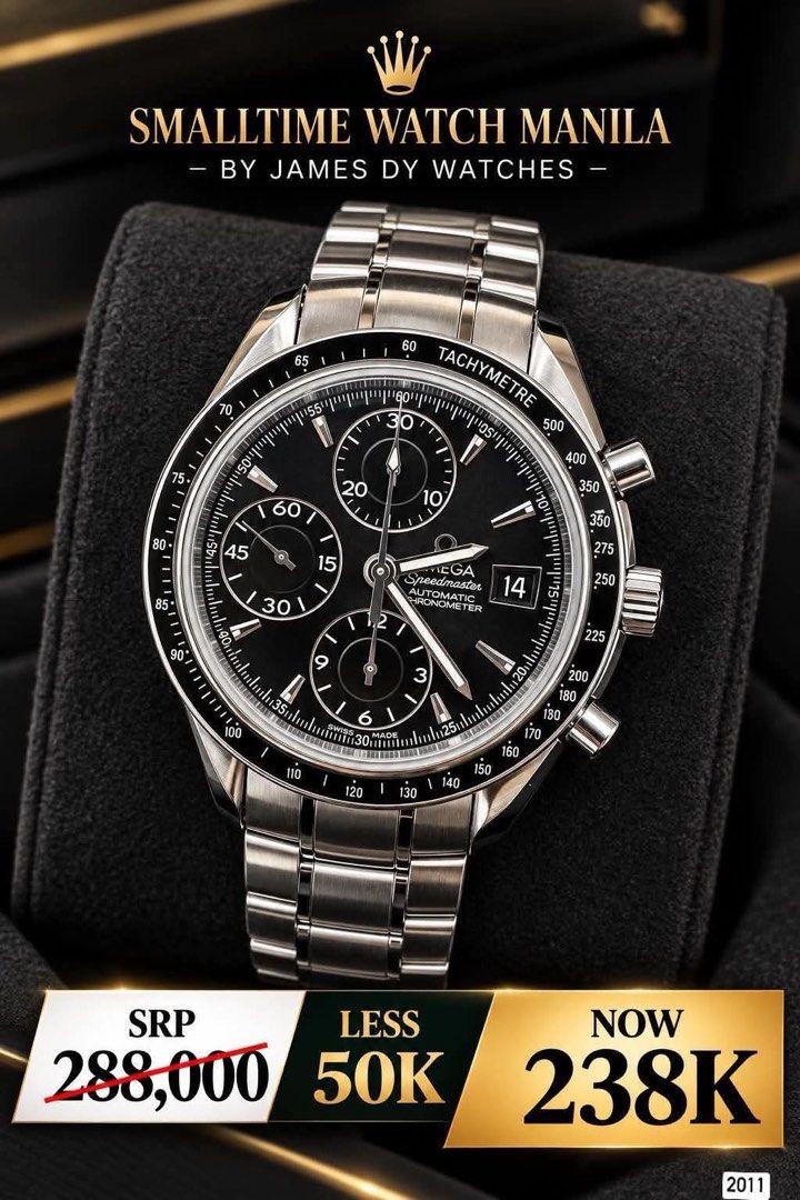 Omega Speedmaster Automatic Chronometer Black Dial Steel Watch (Category: Luxury Watches) located in Manila. Submitted by watchesbyjamesdy (Listing ID 1468505640, Image 1). Description: - Brand/Model: Omega Speedmaster Automatic Chronometer - Dial: Classic black with chronograph subdials and date window at 3 o'clock - Bezel: Tachymetre bezel - Material: Stainless steel case and bracelet - Origin: Swiss Made - Condition/Value: Excellent daily wear