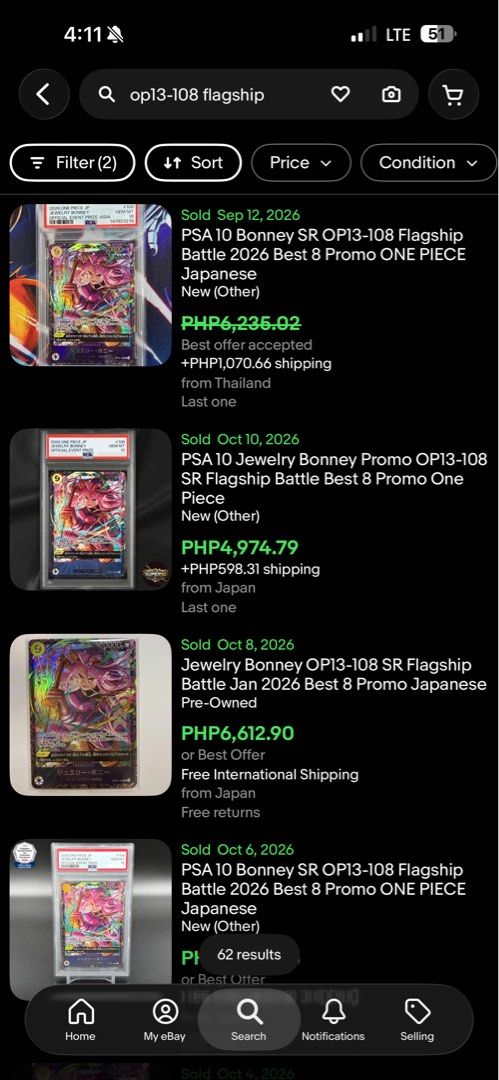 One Piece Flagship Bonney (Sealed) (Category: Raw Singles) located in Las Pinas. Submitted by echoy01 (Listing ID 1468680454, Image 3). Description: WTS Flagship Bonney (Sealed) Below market - see eBay last sold. 1,995.00 Las Piñas area or moa meetup / pickup. Grab / Lalamove.