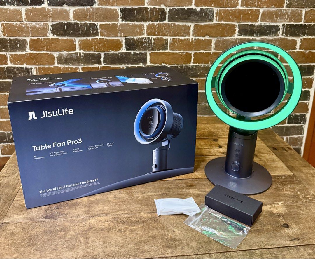 Original | JisuLife Table Fan Pro 3 (Pristine Box & Accessories) (Category: Fans) located in Taguig. Submitted by kaz_g (Listing ID 1468641610, Image 1). Description: Selling a 100% authentic, premium JisuLife Table Fan Pro 3 (3-in-1 Turbo Fan, HEPA Air Purifier, and RGB Light) [Pro3 Table Fan | HEPA Purifier & RGB Mood Light | JISULIFE]. Originally bought for ₱7,299 at premium local appliance store. Price: ₱3,500 (Slightly negotiable) Fan body i