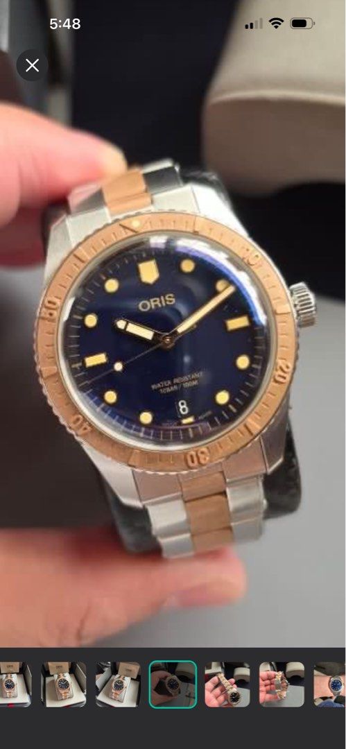 ORIS Sixty Five Bico Bronze 40mm (Category: Luxury Watches) located in Taytay. Submitted by eugeneyoung (Listing ID 1468623346, Image 3). Description: ✅ Ref. Model# 01 733 7707 4355. ✅ Automatic winding swiss caliber 733 movement. ✅ 40mm. Case size. ✅ Blue Dial Color. ✅ Rose gold PVD indexes. ✅ Steel and Bronze Bracelet. ✅ 38 hours Power reserved. ✅ Domed sapphire glass with AR coatings. ✅ Bronze bezel in unidirectional. ✅ 9.2/10 Condition. ✅ Com