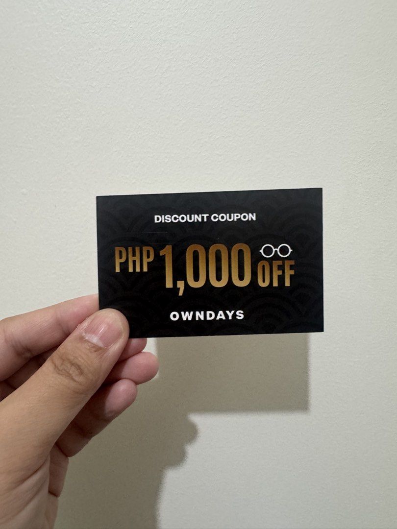 OWNDAYS PHP 1,000 Off Discount Coupon (Category: Vouchers) located in Mandaluyong City. Submitted by fidgetcracker (Listing ID 1468501456, Image 1). Description: - Item: OWNDAYS Physical Discount Coupon - Discount: PHP 1,000 off on frames and lenses - Design: Elegant black card with gold text - Validity: Accepted at any OWNDAYS branch, expiring September 2027 - Condition: Brand new and ready to use .
