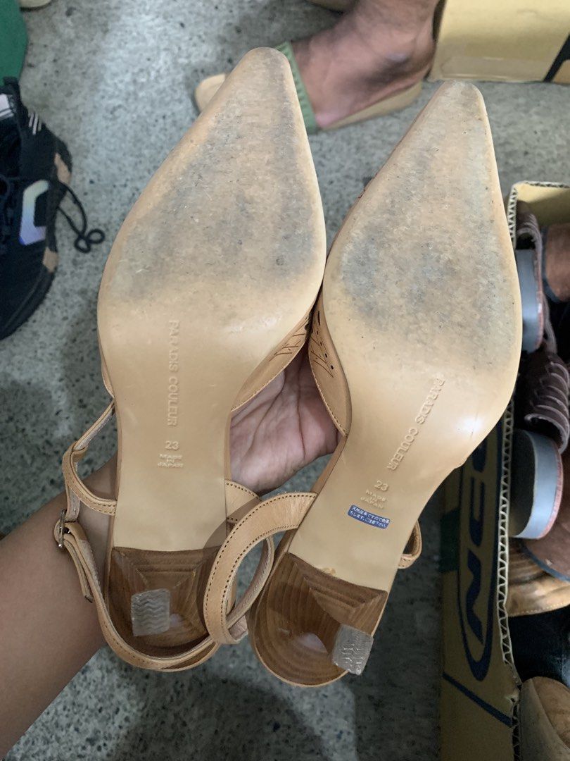 Paradis Couleur Cutout Pointed Toe Slingback Heels Size 23 (Category: Heels) located in Manila. Submitted by thriftnivee (Listing ID 1468586464, Image 2). Description: - Brand: Paradis Couleur (Made in Japan) - Size: 23 (Fits approx. US 6) - Color: Nude - Style: Slingback heels with pointed toe and adjustable ankle buckle - Details: Intricate laser-cut floral patterns on the front, comfortable wooden block heel with rubber tip - Condition: Uppers
