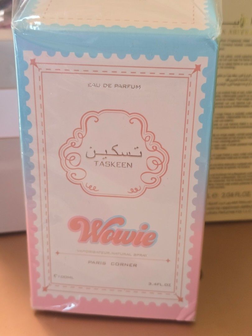 Paris Corner Taskeen Wowie Eau de Parfum 100ml (Category: Fragrance & Deodorants) located in Limay. Submitted by ayveeg_closet (Listing ID 1468712439, Image 3). Description: - Brand: Paris Corner - Fragrance: Taskeen Wowie Eau de Parfum - Size: 100ml hindi ko bet amoy. amoy sweet orange. baka ikaw magustuhan mo. - Condition: few spray missing, original packaging, still wrapped in plastic - Batch Number: WOWI1025 - Manufacture Date: October 2025 -
