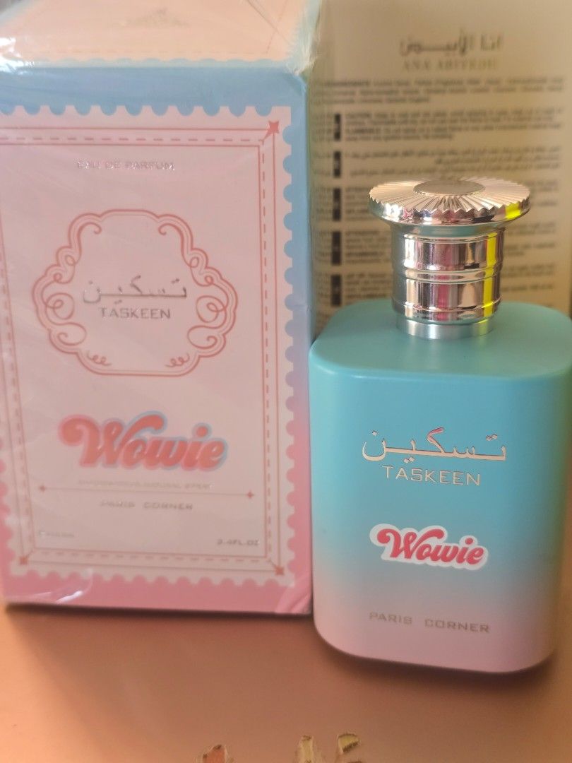 Paris Corner Taskeen Wowie Eau de Parfum 100ml (Category: Fragrance & Deodorants) located in Limay. Submitted by ayveeg_closet (Listing ID 1468712439, Image 1). Description: - Brand: Paris Corner - Fragrance: Taskeen Wowie Eau de Parfum - Size: 100ml hindi ko bet amoy. amoy sweet orange. baka ikaw magustuhan mo. - Condition: few spray missing, original packaging, still wrapped in plastic - Batch Number: WOWI1025 - Manufacture Date: October 2025 -