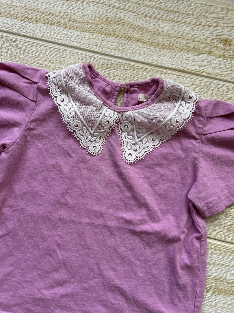 peterpan collar top (Category: Babies & Kids Fashion) located in Cebu City. Submitted by yjainani (Listing ID 1468578032, Image 2). Description: featuring a soft cotton jersey body, a large lace Peter Pan collar, and short puff sleeves 6T.