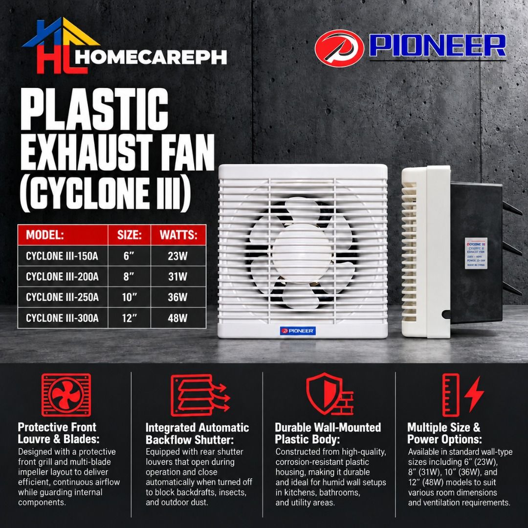 Pioneer Plastic Exhaust Fan (Cyclone III) (Category: Fans) located in Manila. Submitted by homecareph (Listing ID 1468510049, Image 1). Description: 10-16-2026 ✅For Sale!!! ✅Retail / Wholesale ✅PIONEER PLASTIC EXHAUST FAN (CYCLONE III) Model: Size: Watts: Cyclone III-150A 6" 23W Cyclone III-200A 8" 31W Cyclone III-250A 10" 36W Cyclone III-300A 12" 48W ✅Protective Front Louvre & Blades: Designed with a protective front grill and multi-blade impell