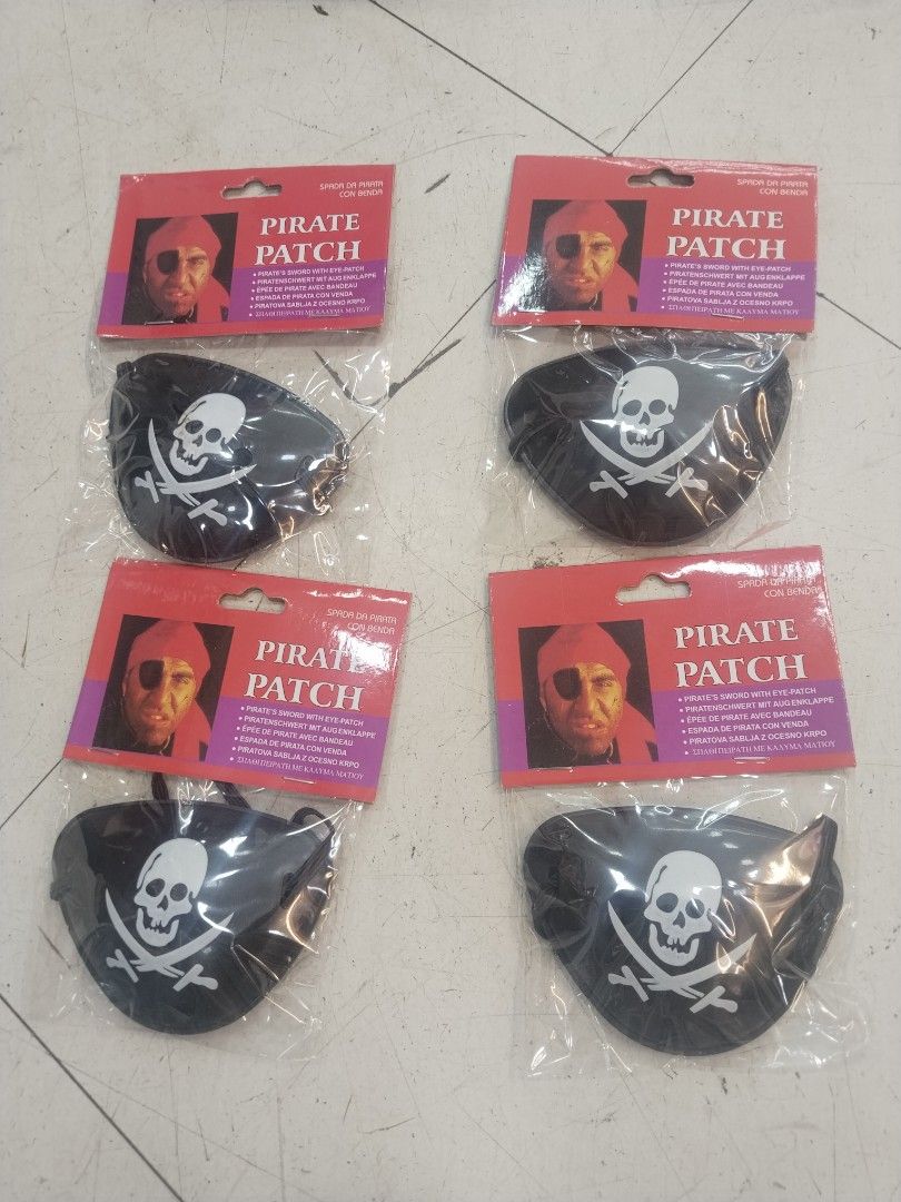 PIRATE EYE PATCH (Category: Caps & Hats) located in Manila. Submitted by zdmal (Listing ID 1468565437, Image 1). Description: - Includes 4 individual pirate eye patches - Brand new and unopened in individual plastic packaging - Features a cool white skull, crossbones, and swords graphic - Comfortable elastic strap for easy wearing - Perfect for Halloween, costume parties, and themed events.