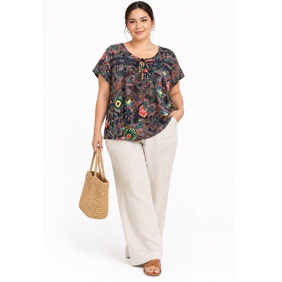 Plus Size AVEC BRIO Bohemian Printed Blouse | XL (Category: Blouses) located in San Jose del Monte. Submitted by vanessabarredo (Listing ID 1468705950, Image 2). Description: Condition: EXCELLENT * Multicolored bohemian / ethnic-inspired print * Slightly stretchable poly-cotton fabric * Relaxed, flowy silhouette * Round neckline with tie-front wooden bead accents * Decorative lace trim detailing * Short flutter sleeves * Lightweight and comfortab