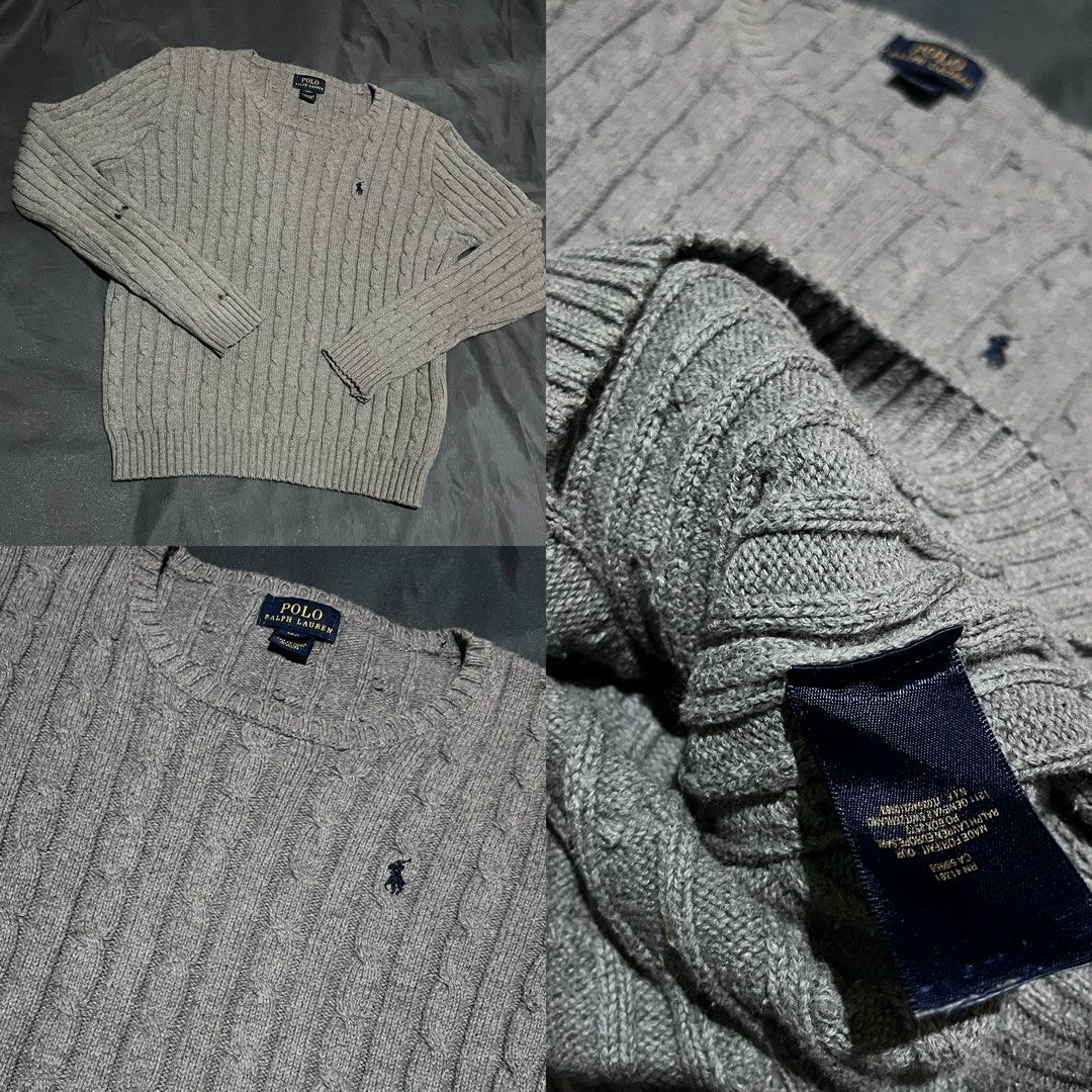 Polo Ralph Lauren Grey Cable Knit Sweater (Category: Longsleeves) located in Andop. Submitted by outclickz_00 (Listing ID 1468652673, Image 1). Description: - Brand: Polo Ralph Lauren - Color: Classic Grey with Navy Pony Logo - Material: Soft cable knit texture - Fit: Classic fit with ribbed crewneck, cuffs, and hem - Condition: Great staple piece, tags attached - Perfect for: Cooler weather layering.