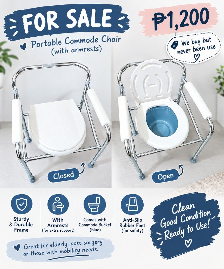 Portable Commode Chair with Armrests (Category: Medical Supplies & Tools) located in Manila. Submitted by fhayegomez (Listing ID 1468536650, Image 1). Description: - Condition: Brand new, never used, completely clean and ready - Frame: Sturdy chrome frame with comfortable armrests - Features: Includes removable blue commode bucket and lid - Safety: Anti-slip rubber feet fitted on all four legs for stability - Ideal for: Elderly family members, po