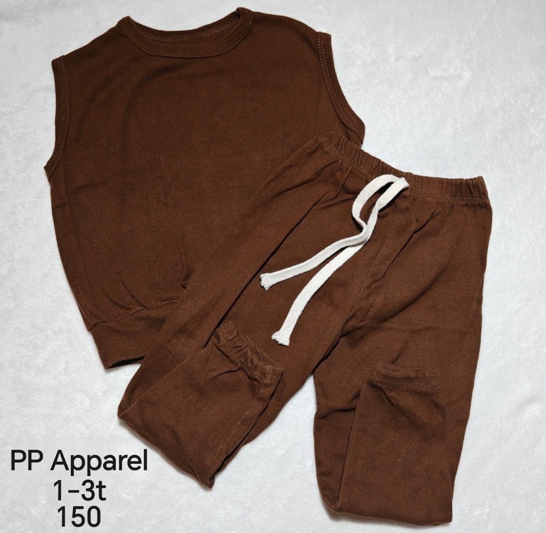 PP Apparel Terno Set 1-3t (Category: Babies & Kids Fashion) located in Quezon City. Submitted by maypamor (Listing ID 1468514860, Image 1). Description: - Comfy brown sleeveless top and matching pants set - Made from soft ribbed knit fabric for all-day comfort - Elastic waistband with a thick white adjustable drawstring - Stylish ribbed cuffs at the ankles - Ideal for toddlers aged 1 to 3 years old - ready to ship!.
