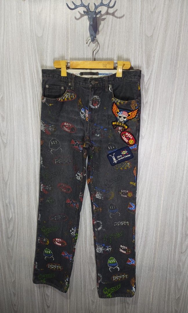 PPFM Patch Print All Over Pattern Black Denim Pants Y2K Jeans (Category: Jeans) located in Naga. Submitted by secondspinv2 (Listing ID 1468671832, Image 1). Description: PPFM Patch Print All Over Pattern Black Denim Pants Y2K Jeans ✅Size: L ✅Waist: 32 ✅Length: 43.5 ✅Hem: 8 ✅Color Rate: 9.5/10 ✅Issue: Minimal Loss Stitch ✅Need Wash ✅Location: Bicol Naga City, Camarines Sur ✅Courier: J&T Express/Flash Express ✅MOP: Gcash only.