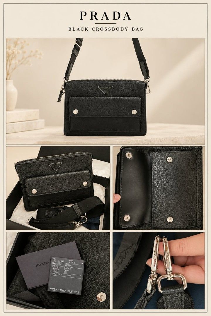 Prada Black Crossbody Bag with Front Pocket (Category: Luxury Bags & Wallets) located in Makati City. Submitted by iamemztot_1992 (Listing ID 1468656018, Image 1). Description: - Authentic Prada crossbody bag in black textured leather - Features a front flap pocket with dual snap buttons - Adjustable black fabric shoulder strap with silver hardware and lobster clasps - Iconic Prada triangle logo plaque on the front - Clean interior with a well-ma