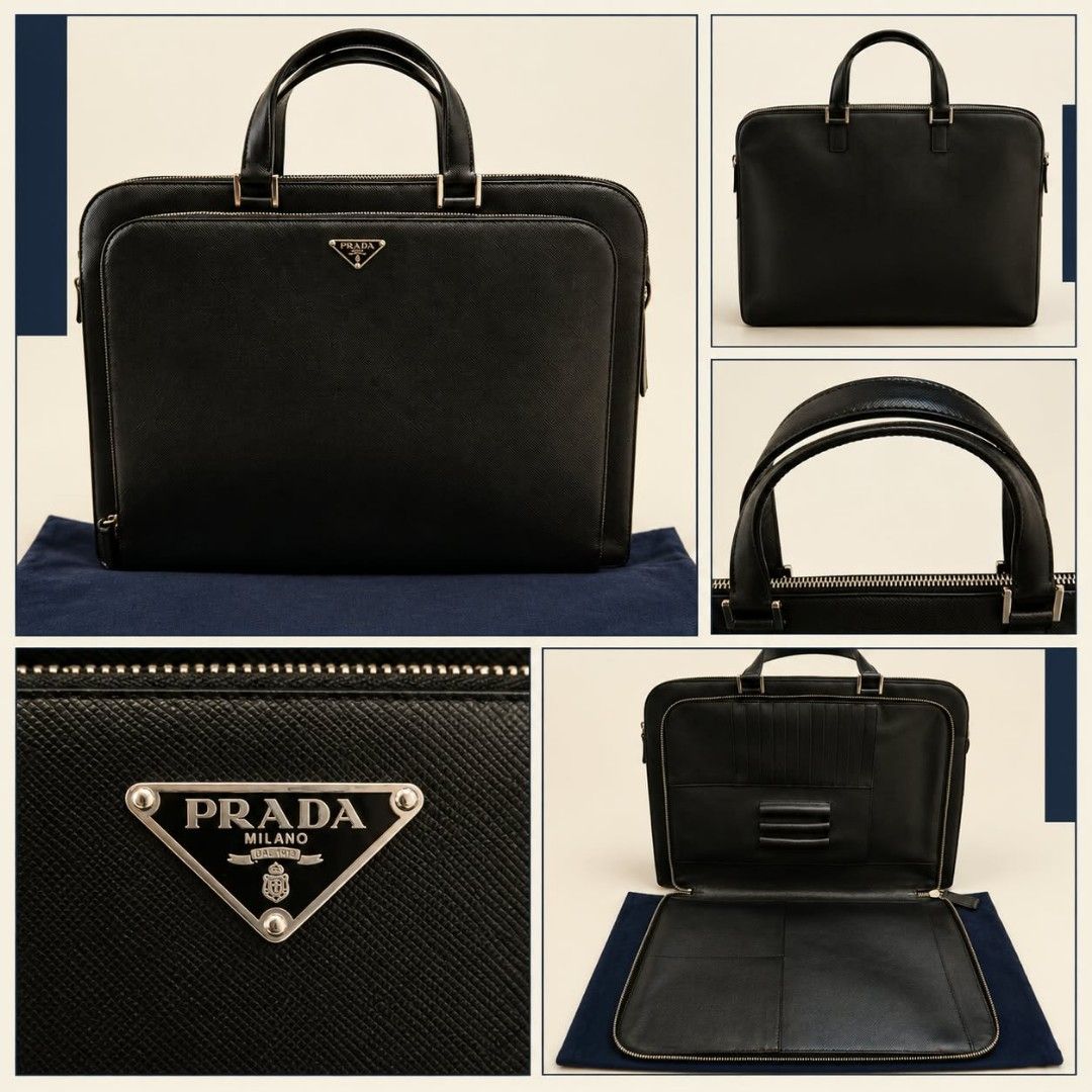 Prada Saffiano Leather Briefcase (Category: Luxury Bags & Wallets) located in Makati City. Submitted by iamemztot_1992 (Listing ID 1468658290, Image 1). Description: - Authentic Prada Saffiano leather briefcase in classic solid black - Silver-tone hardware and iconic triangular logo plate on the front - Dual top handles and convenient front zip pocket - Wide-opening main compartment with structured interior - Includes multiple card slots, pen hol