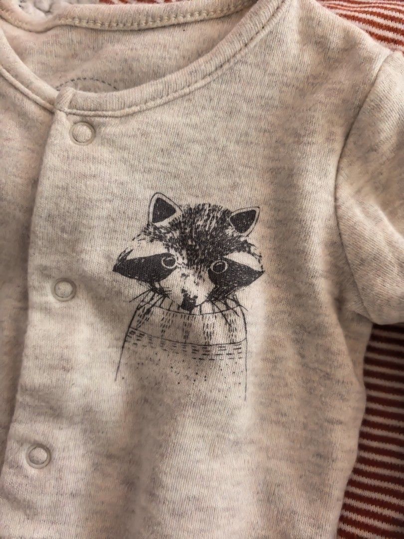 Preloved Mamas & Papas Newborn Footed Sleepsuits Bundle (Category: Babies & Kids Fashion) located in Manila. Submitted by euladelosr38638 (Listing ID 1468581911, Image 2). Description: - Brand: Mamas & Papas - Size: Newborn - Designs: Heather grey raccoon print, burnt orange striped, and dark grey 'wild child' embroidered - Material: Super soft cotton for daily comfort - Features: Convenient front snap button closures for quick diaper changes Can