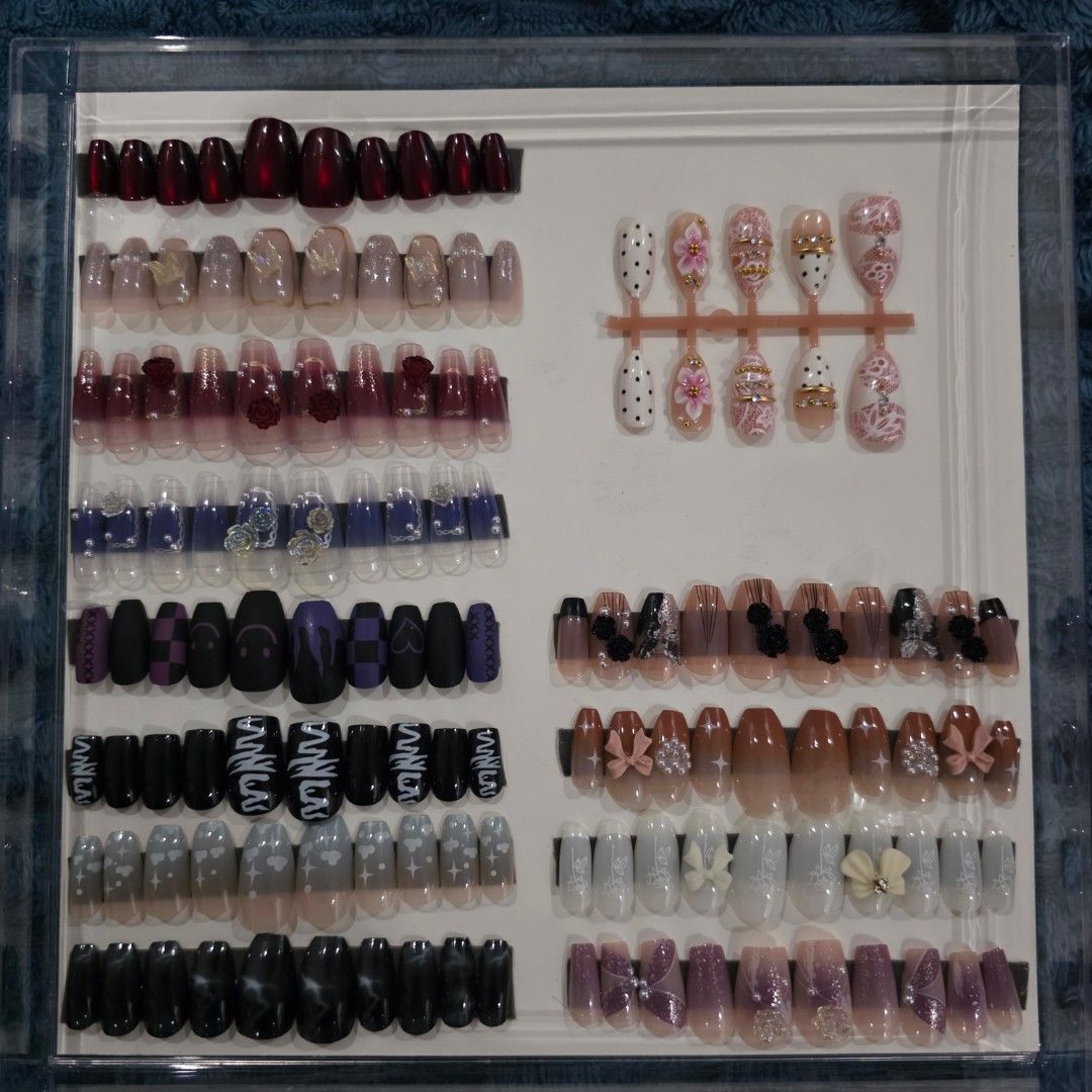Press-on nails, gel strips, and application kits bundle (Category: Hands & Nails) located in Manila. Submitted by viixcv (Listing ID 1468536088, Image 2). Description: 🎀 DECLUTTERING SALE 🎀 💗 SET PRICE: ₱1,000 🚚 FREE SF via J&T ✨ Mostly unused; some items were used for a day or two 😊 💌 PM is the key~♡ 📌Cross-posted!.