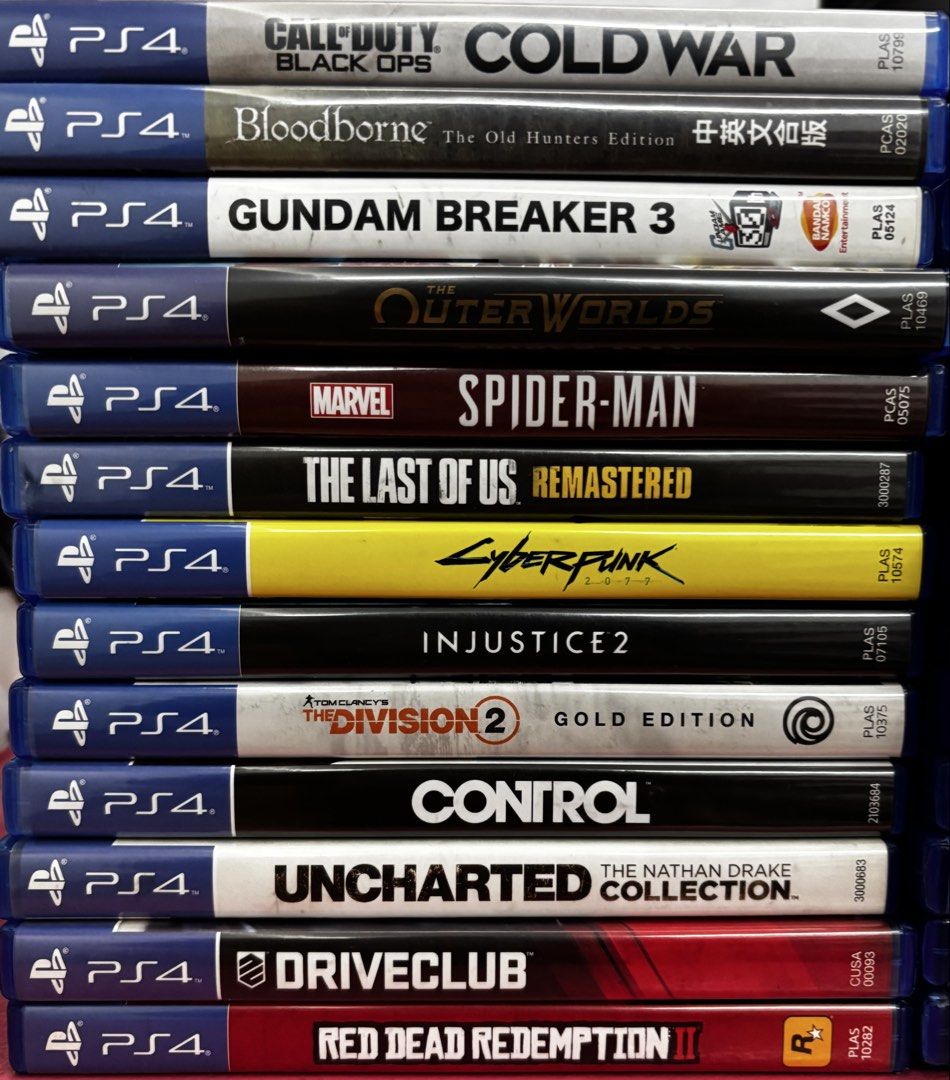 PS4 Games Stack - Call of Duty, Spider-Man, RDR2 (Category: PlayStation) located in Pasig City. Submitted by lovebird30 (Listing ID 1468504186, Image 1). Description: PS4 GAMES Call of Duty: Black Ops Cold War - ₱1,000 Bloodborne - (SOLD) Gundam Breaker 3 - ₱1,200 The Outer Worlds - ₱500 Spider-Man - ₱800 The Last of Us Remastered - ₱500 Cyberpunk - ₱950 Injustice 2 - ₱650 Tom Clancy’s The Division 2 (Gold Edition) - ₱500 Control - ₱800 Uncharted