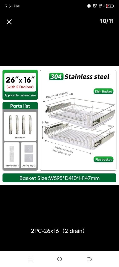Pull out cabinet organizer 2pcs in 1set (Category: Bathroom & Kitchen Fixtures) located in Valenzuela. Submitted by jonjon.b (Listing ID 1468575028, Image 1). Description: 2 pcs 304 stainless steel basket tray in 1 set - kitchen pull out basket tray - 304 stainless steel type iwas kalawang - great for kitchen Organizer 7 set available onhand : With drawer guide —with out drawer guide (Actual basket size) 26” x 16” ——— 23.5” x 16” RFS: these are a