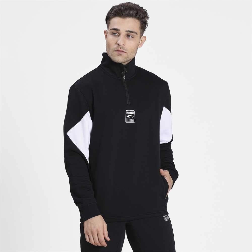 Puma Black RebelQuarter-Zip Sweatshirt (Category: Coats, Jackets and Outerwear) located in Legazpi City. Submitted by cookandthriftzzzzz (Listing ID 1468610598, Image 2). Description: - Brand: Puma - Style: Quarter-zip sweatshirt (Style No: 585280-01) - Color: Black with white sleeve block details - Size: Asia L - Condition: Like new - Features: High collar with metal ring zipper pull, front pockets, and chest logo graphic best fit L-XL Excellent