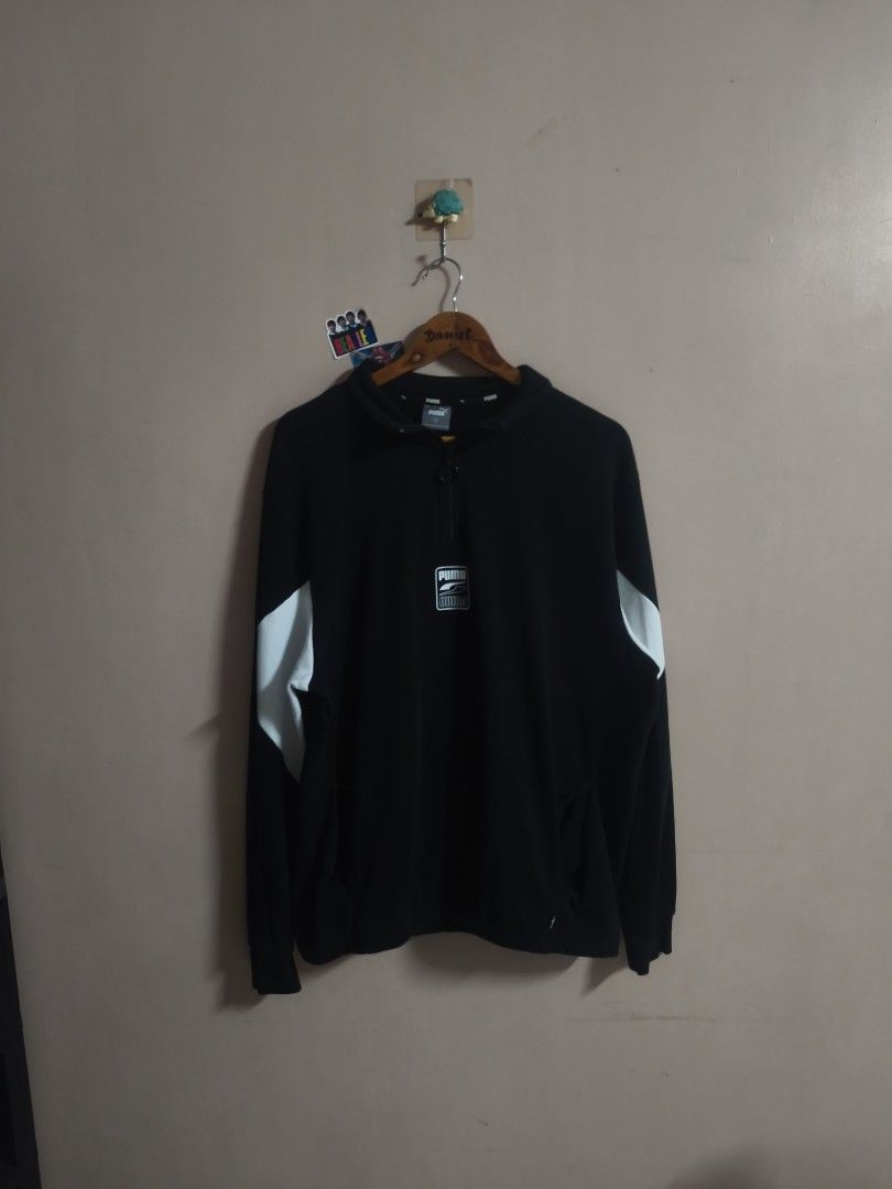 Puma Black RebelQuarter-Zip Sweatshirt (Category: Coats, Jackets and Outerwear) located in Legazpi City. Submitted by cookandthriftzzzzz (Listing ID 1468610598, Image 1). Description: - Brand: Puma - Style: Quarter-zip sweatshirt (Style No: 585280-01) - Color: Black with white sleeve block details - Size: Asia L - Condition: Like new - Features: High collar with metal ring zipper pull, front pockets, and chest logo graphic best fit L-XL Excellent