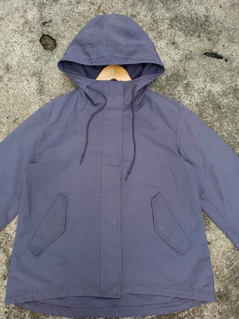 Purple Hooded Utility Jacket with Drawstring (Category: Coats, Jackets and Outerwear) located in General Santos City (Dadiangas). Submitted by jay-fits (Listing ID 1468612497, Image 2). Description: UNIQLO Women's Cotton Blend Parka Small on tag Gray Color Rate 10/10 🔥 Flaws see last photos still presentable pa rin Location Davao City Mine 790+Sf .
