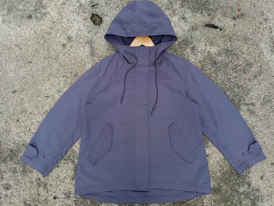 Purple Hooded Utility Jacket with Drawstring (Category: Coats, Jackets and Outerwear) located in General Santos City (Dadiangas). Submitted by jay-fits (Listing ID 1468612497, Image 1). Description: UNIQLO Women's Cotton Blend Parka Small on tag Gray Color Rate 10/10 🔥 Flaws see last photos still presentable pa rin Location Davao City Mine 790+Sf .