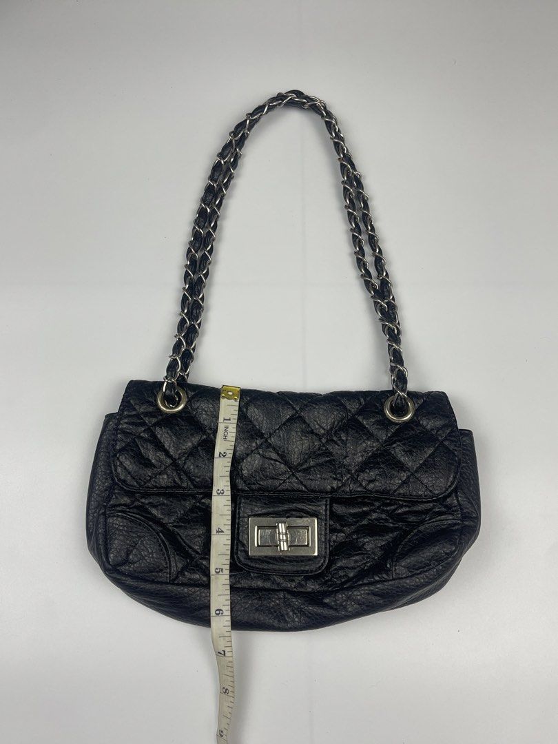 QUILTED TURN-LOCK CHAIN FLAP SHOULDER BAG (Category: Shoulder Bags) located in Cagayan de Oro. Submitted by kmcurations (Listing ID 1468551651, Image 3). Description: QUILTED TURN-LOCK CHAIN FLAP SHOULDER BAG Details & Dimensions: • Material: Soft crinkled / distressed faux leather with diamond quilting in classic black • Interior: Black fabric textile lining with an inner zip compartment • Hardware: Silver-tone Mademoiselle-style turn-lock clasp