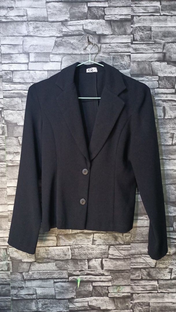 QV Black Blazer Jacket (Category: Coats, Jackets and Outerwear) located in Antipolo. Submitted by reahespiritu (Listing ID 1468645596, Image 1). Description: - Brand: QV - Color: Solid black - Style: Long sleeves with lapel collar and two-button front closure - Fit: Structured body for a sharp look - Occasion: Versatile for office wear or smart casual outfits - Condition: Clean, from a smoke-free environment.