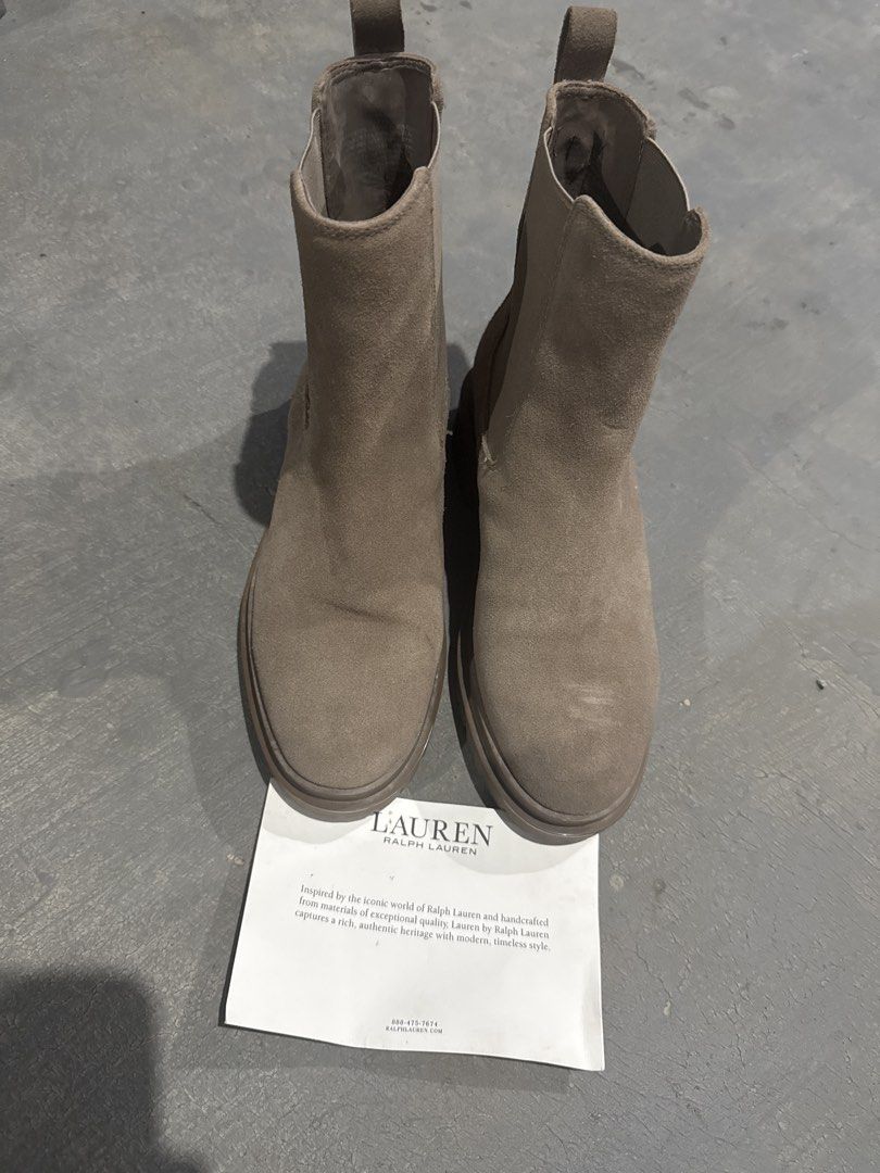 Ralph Lauren Corinne Leather Boots (Category: Boots) located in Quezon City. Submitted by dropdeadprices (Listing ID 1468593293, Image 3). Description: - Brand: Lauren Ralph Lauren - Model: Corinne Ankle Boots - Color: Truffle Brown - Material: Premium calf leather - Design: Pull-on style with elasticated side panels and almond toe - Details: Signature silver RL hardware on heel pull-tabs - Soles: Chunky rubber lug soles with low block heels - In