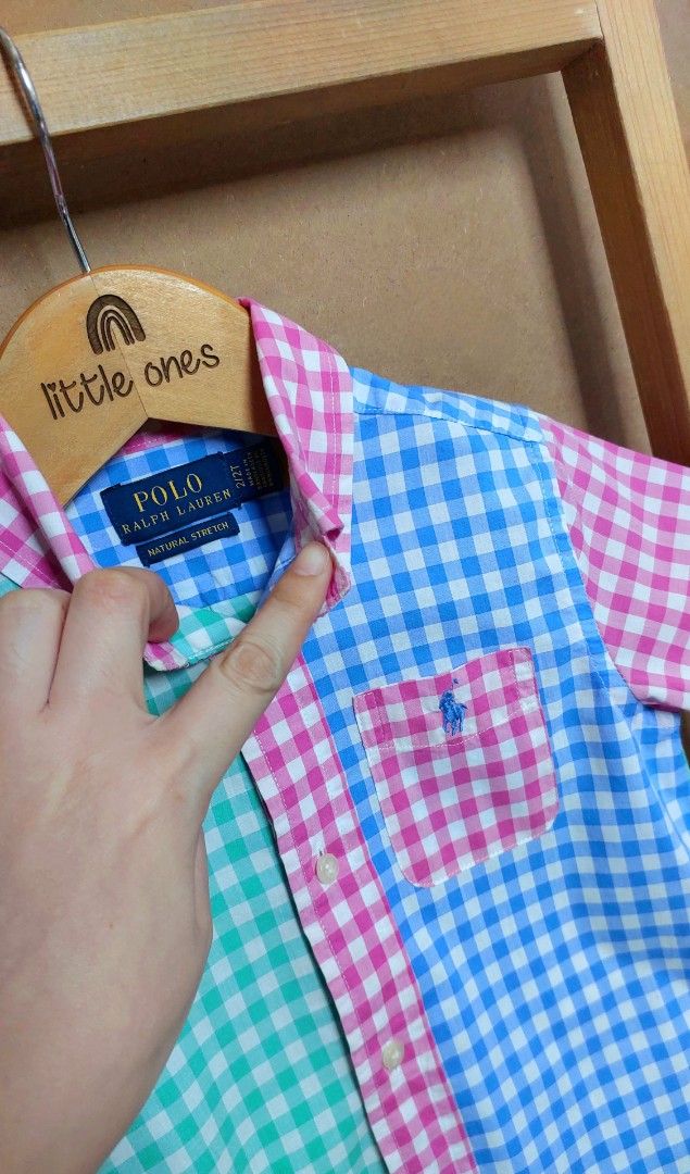 Ralph Lauren Gingham Short Sleeve Button Down Shirt Size 2-3y (Category: Babies & Kids Fashion) located in Caloocan City. Submitted by clairyyyyy (Listing ID 1468666166, Image 2). Description: - Brand: Ralph Lauren - Size: 2 / 2T (Toddler) - Pattern: Multicolored gingham check (pink, turquoise, light blue) - Style: Short-sleeve button-down with chest pocket and embroidered polo logo - Fabric: Natural stretch for comfortable movement - Condition: 