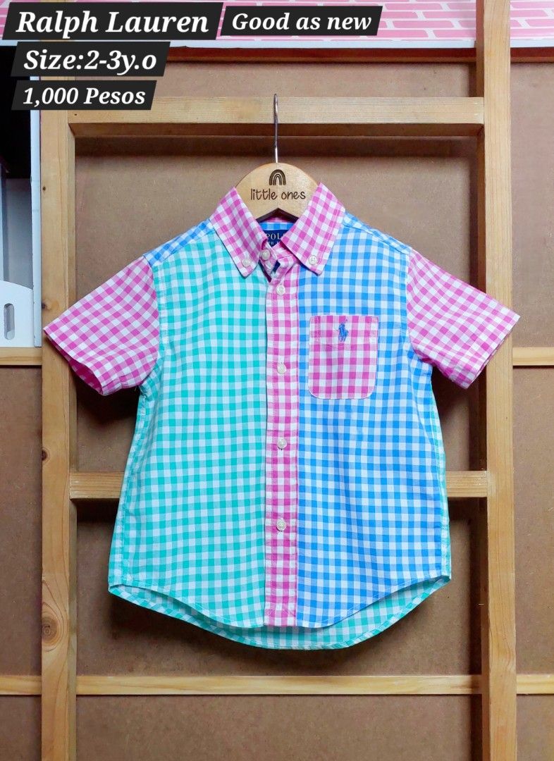 Ralph Lauren Gingham Short Sleeve Button Down Shirt Size 2-3y (Category: Babies & Kids Fashion) located in Caloocan City. Submitted by clairyyyyy (Listing ID 1468666166, Image 1). Description: - Brand: Ralph Lauren - Size: 2 / 2T (Toddler) - Pattern: Multicolored gingham check (pink, turquoise, light blue) - Style: Short-sleeve button-down with chest pocket and embroidered polo logo - Fabric: Natural stretch for comfortable movement - Condition: 