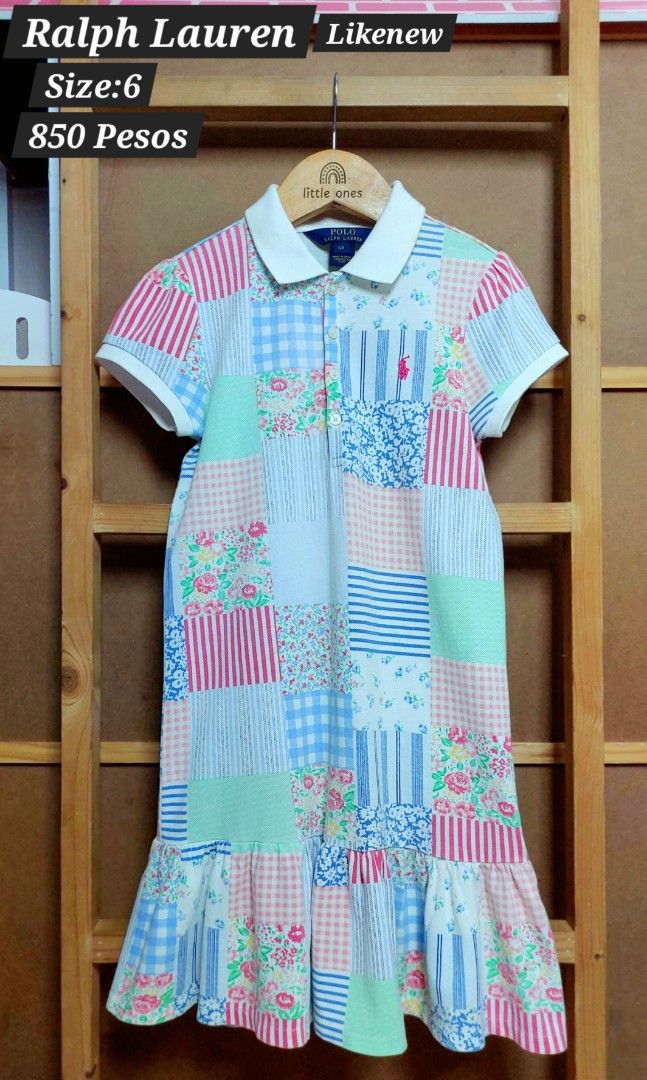 Ralph Lauren Patchwork Polo Dress Size 6X (Category: Babies & Kids Fashion) located in Caloocan City. Submitted by clairyyyyy (Listing ID 1468666507, Image 1). Description: - Brand: Ralph Lauren - Style: Colorful patchwork polo dress with flared ruffled hem - Size: 6X - Details: Classic white collar, front button closure, short sleeves - Branding: Signature pink embroidered polo logo on the chest - Origin: Made in China - Condition: Excellent, pr