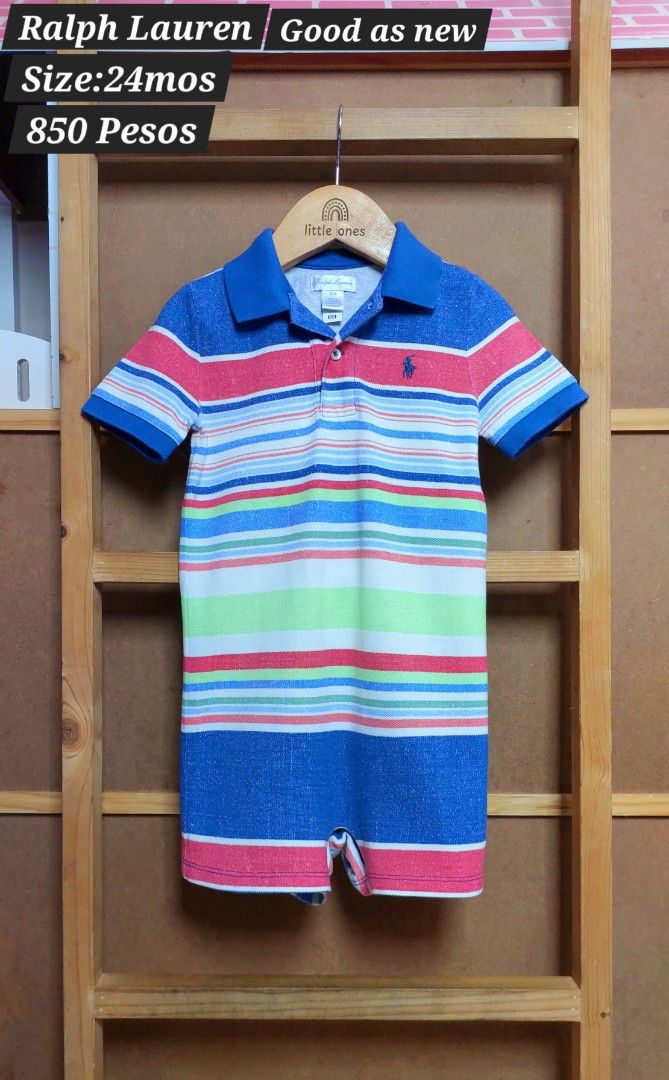 Ralph Lauren Striped Polo Romper (Category: Babies & Kids Fashion) located in Caloocan City. Submitted by clairyyyyy (Listing ID 1468665505, Image 1). Description: - Brand: Ralph Lauren - Size: 24 Months - Material: Soft cotton polo fabric - Design: Colorful all-over stripes with blue polo collar and short sleeves - Details: Iconic embroidered pony logo on chest, button placket - Convenience: Snap closure at the bottom for easy diaper changes - O