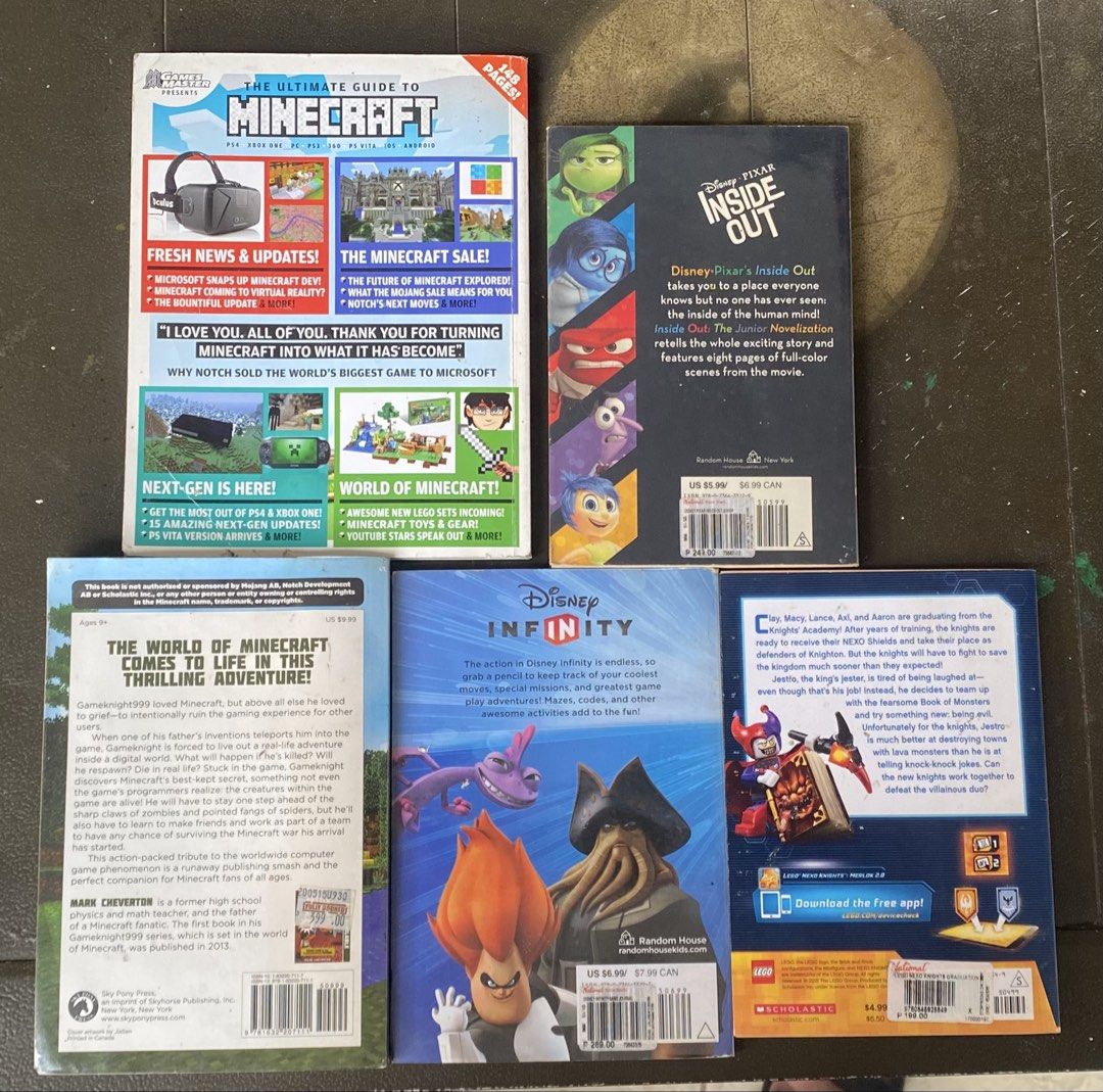 RANDOM PRE-LOVED BOOKS (CHECK DETAILS BELOW) (Category: Children's Books) located in Makati City. Submitted by zus_tht (Listing ID 1468577811, Image 2). Description: FEEL FREE TO OFFER - The Ultimate Guide to Minecraft - Inside Out - Invasion of the Overworld - Disney Infinity Game Journal - LEGO Nexo Knights Graduation Day Some books have minimal damage. All authentic. ₱800 take all DM for more details..